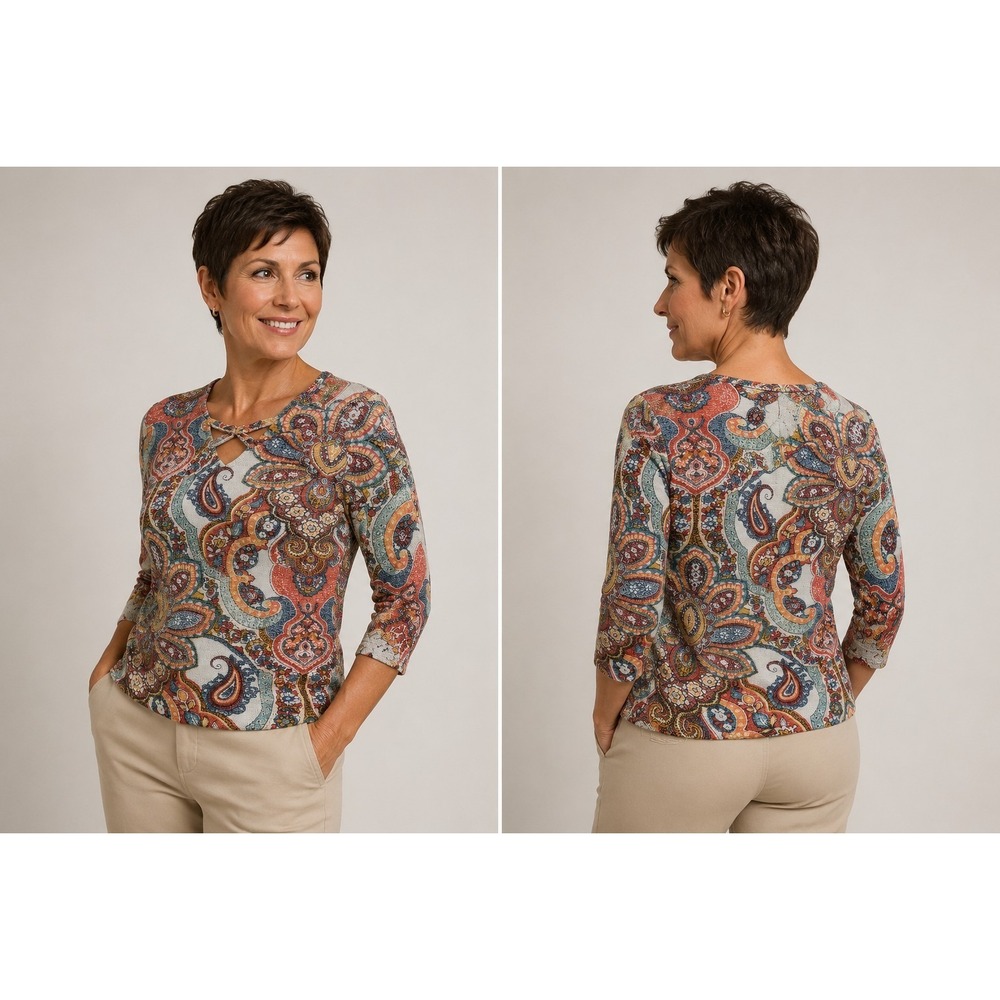 Chico's Paisley Knit Top Women's Size 0 3/4 Sleeve Boho Stretch Blouse
